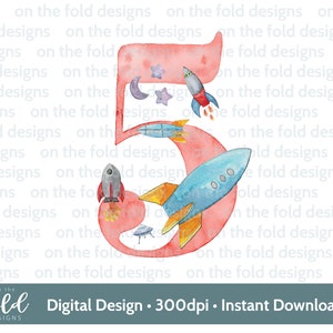 Weltraum, Astronaut 5. Geburtstag Zahl 5, Clipart, Sublimation, PNG, Digital Download, Raumschiff, Rakete, Aquarell, On the Fold Designs