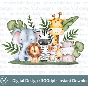 May include: A digital illustration of five jungle animals: a blue elephant, a brown lion, a black and white zebra, a yellow giraffe, and a gray hippopotamus. The animals are surrounded by green leaves.
