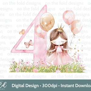 Prinzessin 4. Geburtstag Clipart PNG Rosa Luftballons Fee Eisen Auf Sublimation Crafting Kartenherstellung UVDTF DTG Transparent Download Ich bin vier Pj