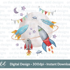 Weltraum, Astronaut, Geburtstagszahl, Clipart, UFO-Sublimation, PNG, digitaler Download, Raumschiff, Rakete, Aquarell, On the Fold Designs