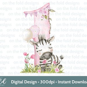 Zèbre 1er anniversaire Clipart, bébé, Safari, jungle aquarelle carte gilet bébé Design rose un sublimation impression, Image graphique Uvdtg