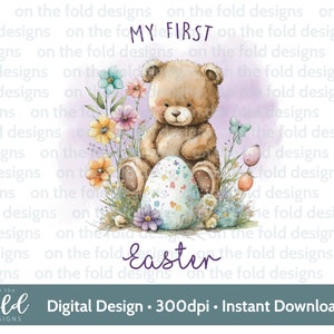 Prima clipart di Pasqua, Teddy, PNG acquerello, download istantaneo di clipart digitale, vestiti per bambini, design di carte, stampa a sublimazione