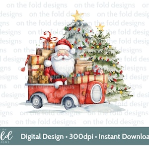 Weihnachtsmann Roter LKW Weihnachtsbäume Clipart PNG, Pakete Geschenke, Weihnachtslichter, Sublimation Crafting, Becher Spielerei Ornament Printable