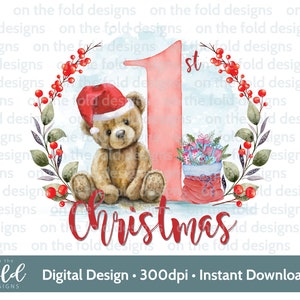 Orsacchiotto di Natale, 1° Natale, Cappello di Babbo Natale, download istantaneo di clipart digitale PNG, vestiti per bambini, design di cartoline di Natale, sublimazione,