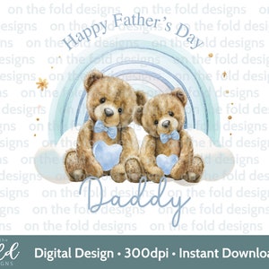 Papa + bébé ours Clipart 1ère fête des pères arc-en-ciel bleu sublimation impression UVDTF DTG Image PNG Tumbler Design graphique papa et fils mignon nounours