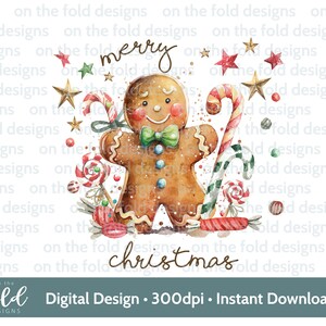 Clipart di pan di zenzero di buon Natale, download di immagini digitali ad acquerello PNG, vestiti per bambini, design di biglietti, sublimazione, bastoncino di zucchero
