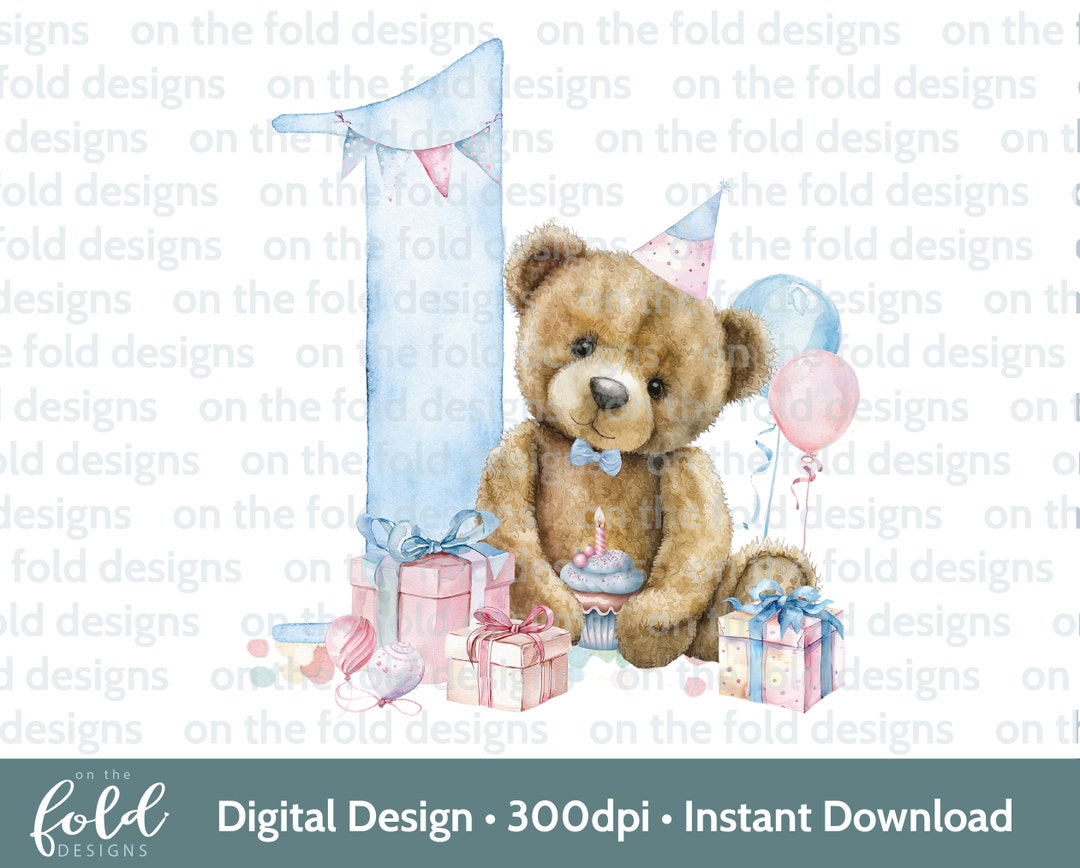 Teddy Bear, Balloons 1st Birthday Clipart, Presents Sublimation PNG ...