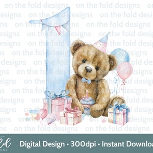 Ours en peluche, ballons 1er anniversaire des cliparts, cadeaux sublimation PNG téléchargement numérique instantané couleurs pastel un PNG bleu noeud papillon garçon dessins
