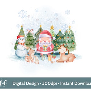 Kerstman winter bos bos sneeuwlandschap met schattige dieren png ~ instant digitale illustraties ideaal voor sublimatie kerstkaarten en cadeaus