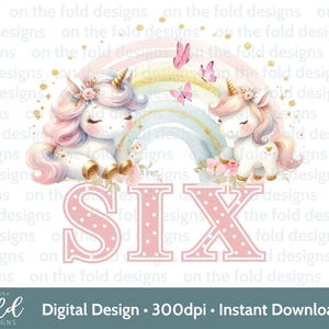 Unicorn Rainbow Clipart 6e verjaardag, nummer zes, aquarel PNG, vlinders, transparante sublimatie, sticker UVDTF-kaartontwerp
