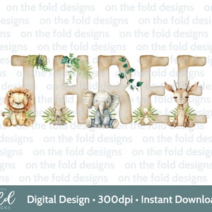 Safari Clipart Dschungel Tiere PNG Transparent Clipart Sofort-Download Personalisieren Druck 3.Geburtstag Karten Geschenke Wand Kunst Neutral Drei
