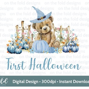 1st ハロウィン かわいいテディ 青いカボチャ 秋の魔女 ハロウィン PNG デジタル クリップアート ダウンロード トリック オア トリート デザイン 青い男の子 昇華