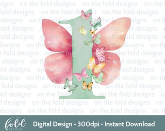 May include: A watercolor illustration of the number one with a butterfly design. The number is green and the butterfly wings are pink. The butterfly has yellow, pink, and green accents.