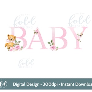 Baby teddybeer bloemen clipart instant downloadbestand met transparante achtergrond perfect voor babyshowers, kaarten knutselen nieuwe baby's