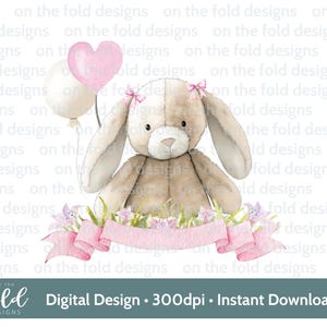 Lapin rose Clipart bannière aquarelle florale PNG Téléchargement numérique instantané Vêtements de bébé Carte Design Impression par sublimation Impression UVDTF