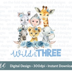 Wild & THREE safari dieren png, blauwe bloemen, sublimatie, transparante clipart, instant download, 3e verjaardagscadeaus, safarifeest,