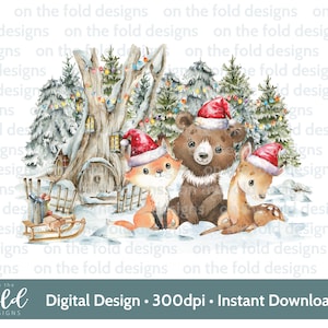Weihnachten Waldtier, Weihnachtsmannmütze Sublimation Clipart, png, niedliche Winterszene, Kissenbezug, pj, Sweatshirt Design Weihnachten Decoupage