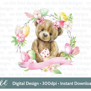 Clipart di Pasqua Teddy 1a Pasqua Acquerello PNG Clipart digitale istantanea Gilet per neonati Scheda Palloncino rosa Gilet di Pasqua Stampa a sublimazione UVDTF
