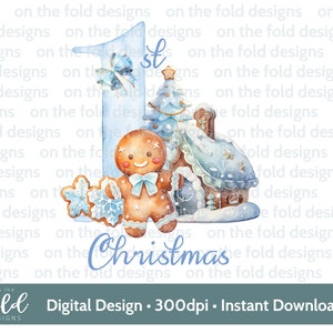 Premier Noël pain d'épice Clipart, mignon 1er Noël PNG aquarelle numérique instantanée, conception de carte bleu bébé garçon, sublimation, impression PJ Bauble