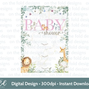 Faire-part Safari Baby Shower A5 pour petite fille rose Imprimez le vôtre PNG Jungle Lion éléphant girafe feuilles Nouvelle arrivée Image numérique Bonjour bébé