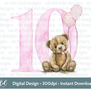 Ours en peluche, 10e anniversaire, dix, clipart, png, téléchargement immédiat, sublimation, artisanat, anniversaire de filles, conception de cartes, conception girly rose