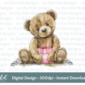 Paquete de regalo de cumpleaños de Navidad de osito de peluche Clipart PNG transparente Descarga instantánea DTF, DTG, impresión de imágenes por sublimación Fabricación de tarjetas Manualidades