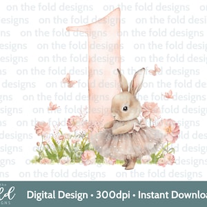 1° compleanno Bunny Ballerina One Clipart PNG Download immediato per stampa UVDTF a sublimazione, biglietti, gilet per bambini, bavaglini, inviti
