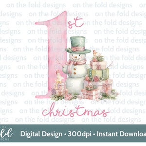 1er Noël bonhomme de neige cadeaux rose Noël PNG téléchargement clipart numérique instantané pour sublimation carte conception babiole impression pj souvenir artisanat