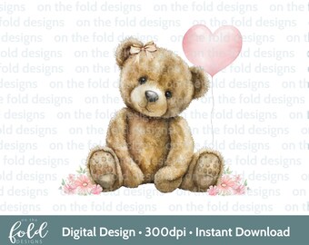 Teddy Bear Clipart 1st Birthday, Flower Clipart, Sublimation PNG Instant Digital Download, Pastel Colours, UVDTG Image, On the Fold Designs