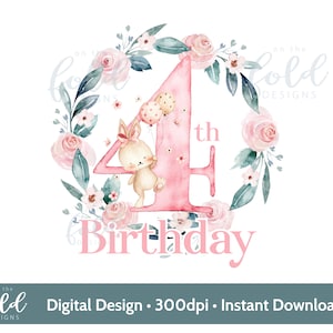 Design de sublimação de guirlanda de 4º aniversário de flor rosa PNG download instantâneo digital