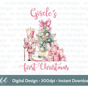 May include: A pink and green watercolor illustration of a Christmas tree with a nutcracker and a rocking horse. The text "Gisele's First Christmas" is written below the illustration.