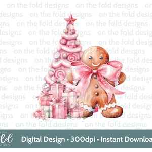 Clipart di pan di zenzero di Natale rosa, carino 1° Natale PNG acquerello digitale istantaneo, bambina rosa, design della carta, sublimazione, bastoncino di zucchero