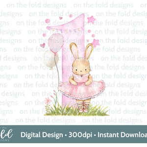 Ballerina, 1.Geburtstag, Ballet Bunny, rosa Tänzerin, Sublimationsdesign, PNG, digitaler Download, Geburtstagskind, sofortiger digitaler Download