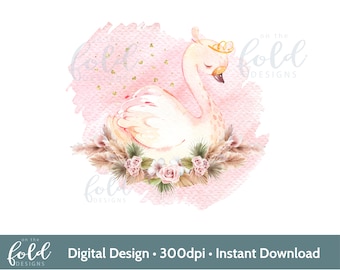 Łabędź clipart, boho, różowe róże, Swan Design PNG, tworzenie kartek, natychmiastowe pobieranie, przezroczyste tło, sublimacja, projekt naklejki