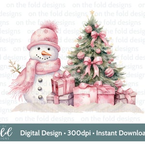 Cadeaux roses de bonhomme de neige de Noël PNG Clipart numérique Sublimation carte Design pyjama souvenir artisanat boule DTF Scrapbooking père Noël sac