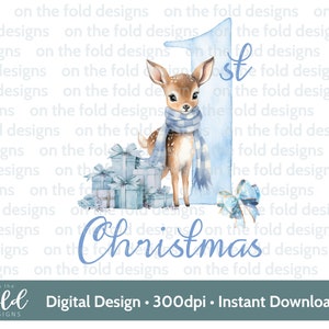 Primer ciervo bebé navideño Clipart Niño azul PNG Descarga digital instantánea Sublimación Suéter chaleco, tarjetas, baberos recuerdos, Paquetes de regalo