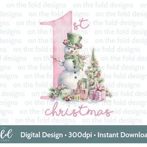 1er Noël bonhomme de neige cadeaux rose Noël PNG téléchargement clipart numérique instantané pour sublimation carte conception babiole impression pj souvenir artisanat
