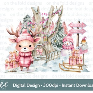 Winter Wonderland Pink Reindeer and Snowman Christmas Clipart Woodland Scene Xmas PNG sublimazione card design gingillo stampa pj acquerello
