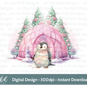 May include: A watercolor illustration of a penguin wearing a string of Christmas lights in front of a pink igloo. Two Christmas trees with pink and white ornaments are on either side of the igloo. The text "on the fold designs" is repeated in the background.