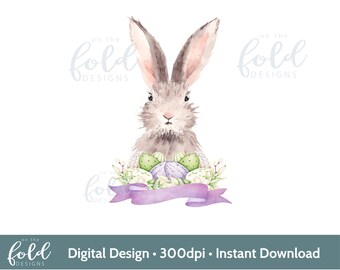 May include: A watercolor illustration of a gray bunny rabbit with a purple ribbon around its neck. The bunny is holding a bouquet of white flowers and green and purple Easter eggs.