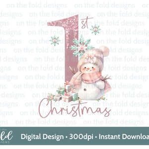 1er Noël bonhomme de neige cadeaux rose menthe PNG téléchargement numérique instantané de cliparts, sublimation carte conception boule impression pyjama souvenir artisanat