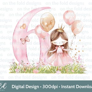 Prinses 6e verjaardag clipart png roze ballonnen fee opstrijkbare sublimatie crafting kaarten maken UVDTF DTG transparant downloaden I am Six Pj