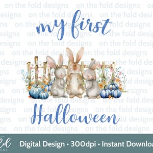 1st ハロウィン ブルー バニー ウサギ 秋 パンプキン パッチ ハロウィン PNG デジタル クリップアート ダウンロード カード 昇華 T シャツ ベスト デザイン