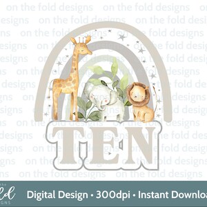 Safari 10e anniversaire Clipart animaux de la jungle gris arc-en-ciel Png Transparent téléchargement immédiat sublimation aquarelle décoration de gâteau conception de cartes