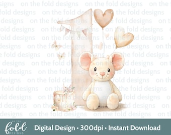 Mouse Number 1 Clipart, 1st Birthday Balloons, Neutral Colors (Digital Download)