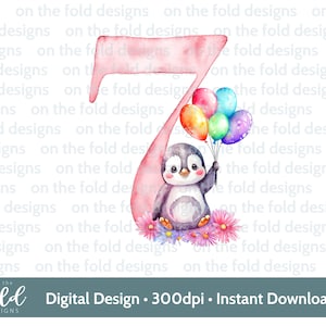 Diseño de pingüino número siete para su séptimo cumpleaños, con flores y globos. Diseño PNG, imagen transparente, descarga instantánea, sublimación.