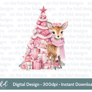 Sapin de Noël bébé cerf rose PNG clipart numérique instantané jolie carte de Noël dessins sublimation pyjama bébé fille 1er Noël