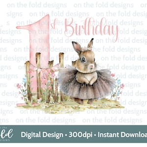 1er cumpleaños Bunny Ballerina One Clipart PNG Descarga instantánea para sublimación Elaboración de impresión UVDTF, tarjetas, chalecos de bebé, baberos, invitaciones