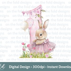 Bunny Ballerina 1° compleanno Clipart PNG Download immediato per la stampa a sublimazione UVDTF, biglietti, gilet per bambini, bavaglini, inviti Uvdtf
