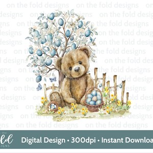 Clipart di orsacchiotto di Pasqua blu Cestino blu Acquerello PNG Sublimazione Clipart digitale Creazione di biglietti Design del gilet per bambini Immagine UV-DTF Pigiama di Pasqua